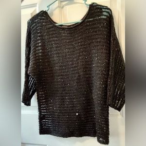 Ann Taylor Black Sparkle Crochet 3/4 sleeve slightly sheer  flowy Sweater top XS